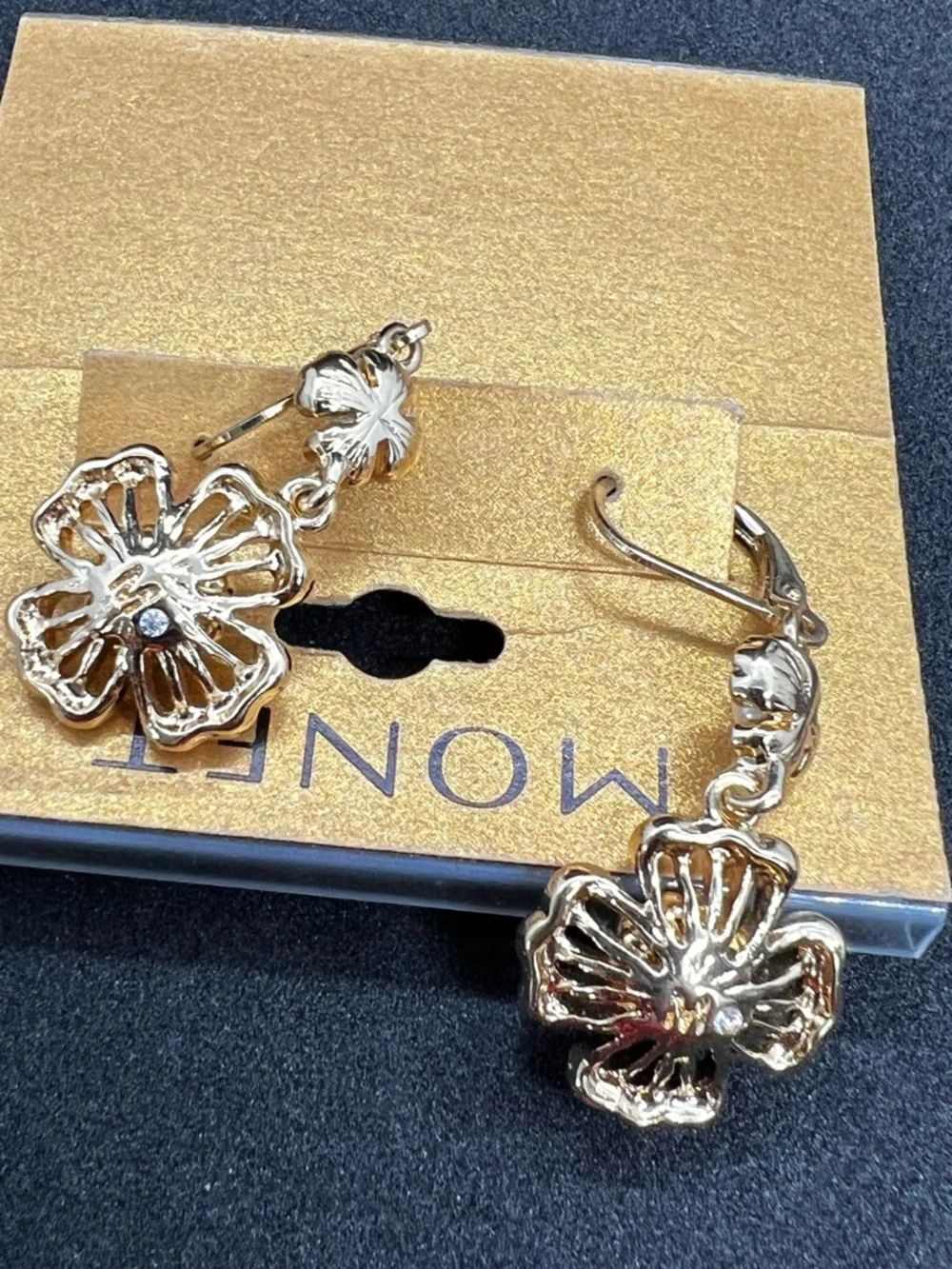 Vintage Monet Gold Tone Rhinestone Double Flower Drop Dangle Earrings Signed
